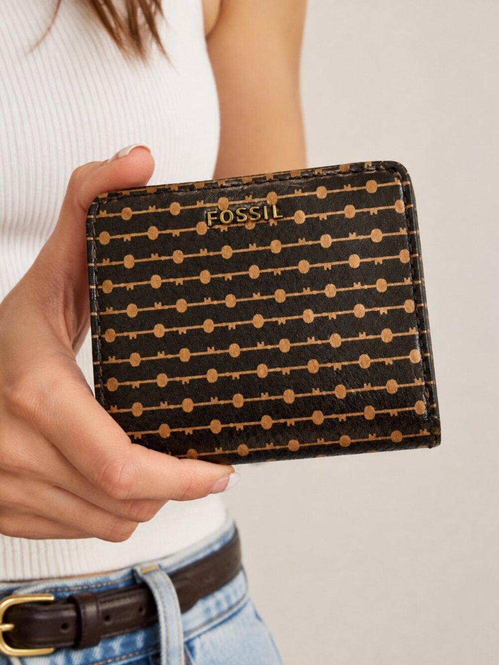 Fossil Tan Black Leather Fold Over Wallet Small Classic Women’s